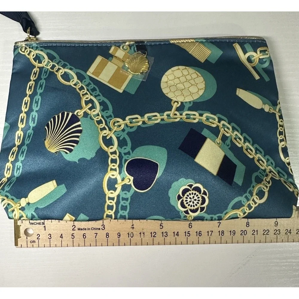 Estee Lauder Cosmetic Bags 3pc Teal Satin Nautical Chain Shell Print Gold Charm